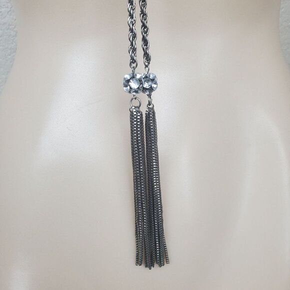 Vintage Silver Tone Rope Chain Box Tassel Round Clear Ball Lariat Opera Necklace - Picture 2 of 11